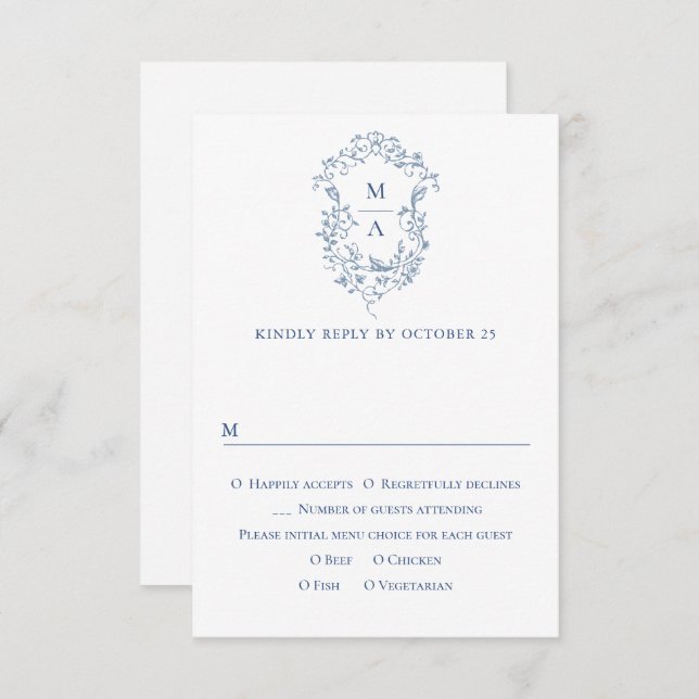 Cartão RSVP Casamento Floral do Jardim Francês Azul Elegante V (Frente/Verso)