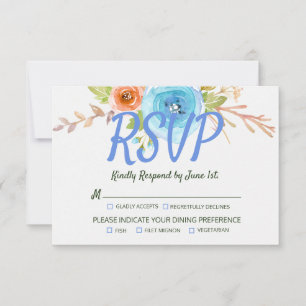 Cartão RSVP Casamento Floral do Rosa de Pêssego Azul Elegante