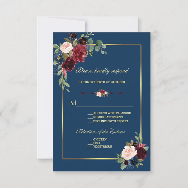Cartão RSVP Casamento Floral Dourado Azul Burgundy (Frente)