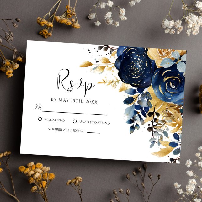 Cartão RSVP Casamento Floral Dourado Azul-Marinho Elegante (Elegant Navy Blue Gold Floral Wedding RSVP Card)