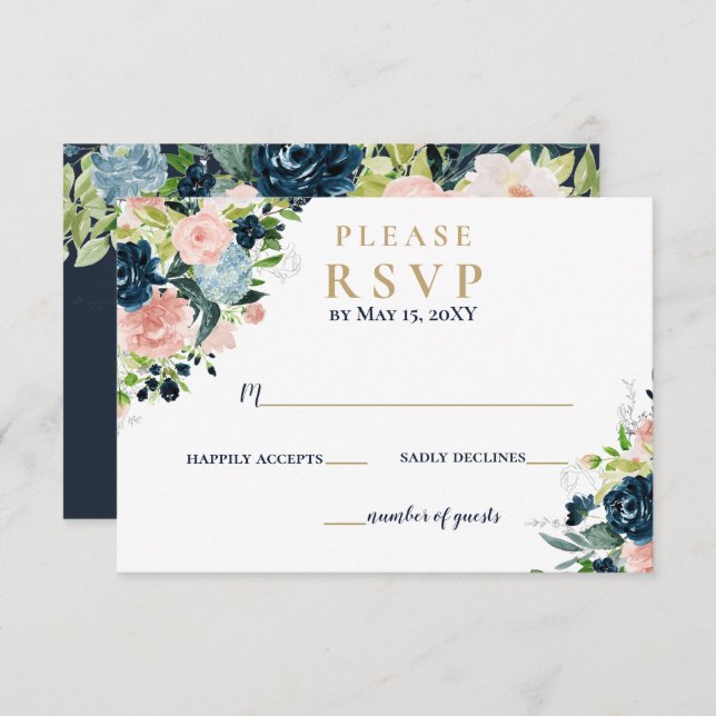 Cartão RSVP Casamento Floral Dourado com Marinho de Aquarela R (Frente/Verso)