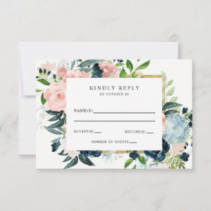 Cartão RSVP Casamento Floral Dourado com Marinho de Aquarela R
