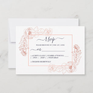Cartão RSVP Casamento floral Dourado cor-de-rosa azul escuro