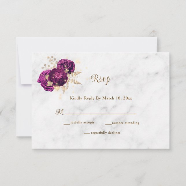 Cartão RSVP Casamento Floral Dourado de Marble Elegante Fuchsi (Frente)
