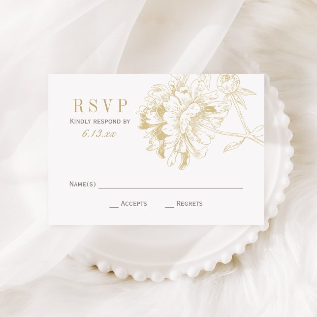 Cartão RSVP Casamento Floral Dourado de Peony Elegante Champag (Criador carregado)