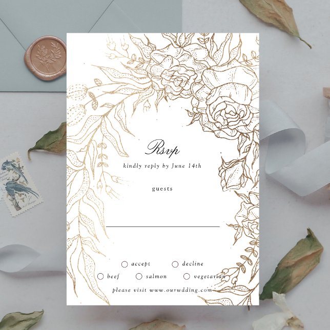 Cartão RSVP Casamento Floral Dourado e Branco Premium (Criador carregado)