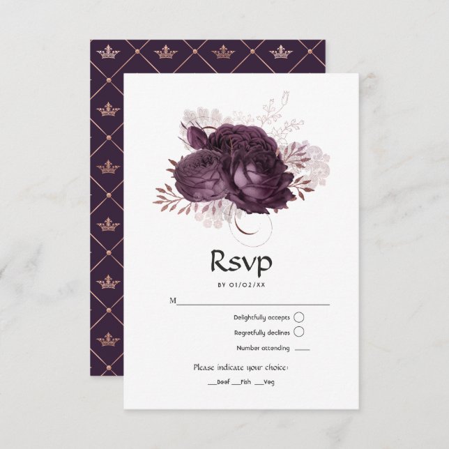 Cartão RSVP Casamento Floral Dourado e Roxo Escuro (Frente/Verso)