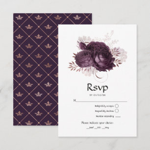 Cartão RSVP Casamento Floral Dourado e Roxo Escuro
