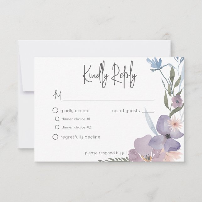 Cartão RSVP Casamento Floral Dusty Purple & Blue Boho (Frente)