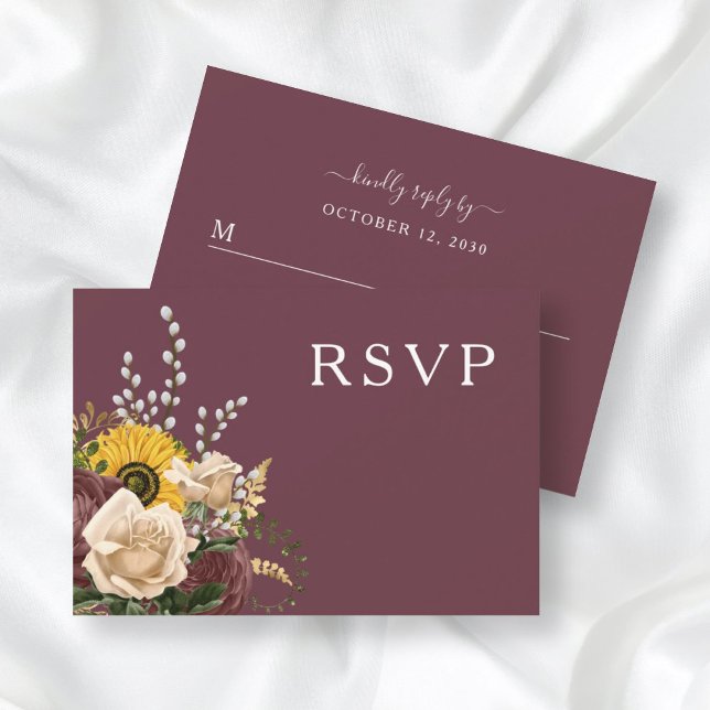 Cartão RSVP Casamento Floral Elegante Burgundy (Criador carregado)