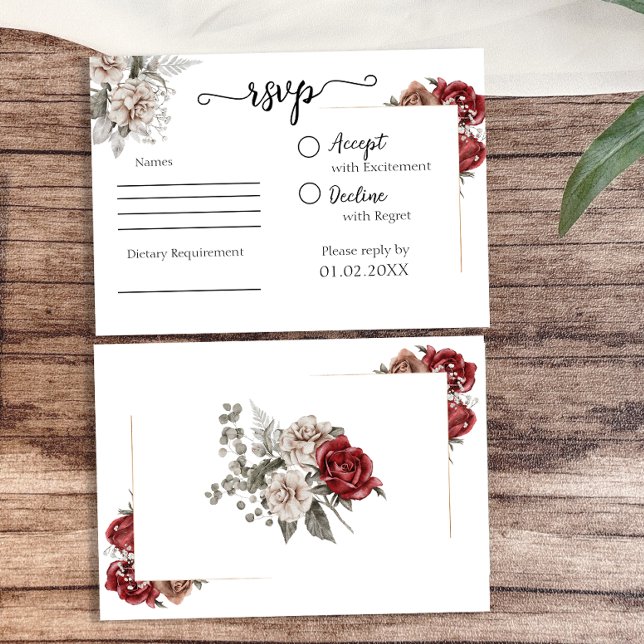 Cartão RSVP Casamento Floral Elegante Burgundy & Silver (Elegant Burgundy & Silver Floral Wedding RSVP Card)