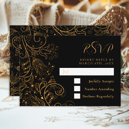 Cartão RSVP Casamento Floral Elegante Dourado e Negro