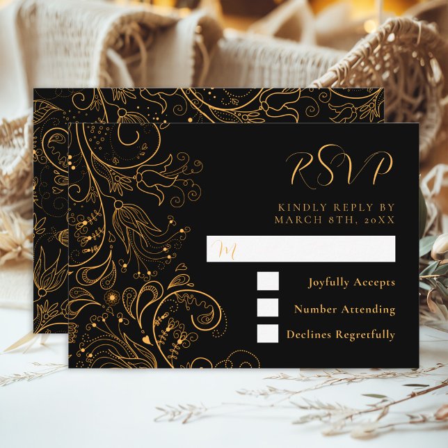 Cartão RSVP Casamento Floral Elegante Dourado e Negro (Criador carregado)