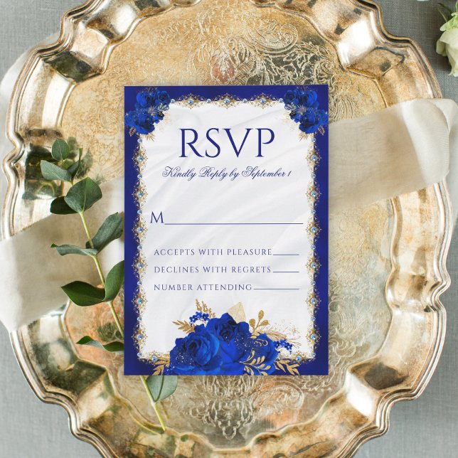 Cartão RSVP Casamento Floral Elegante Elegante Real Azul (Criador carregado)