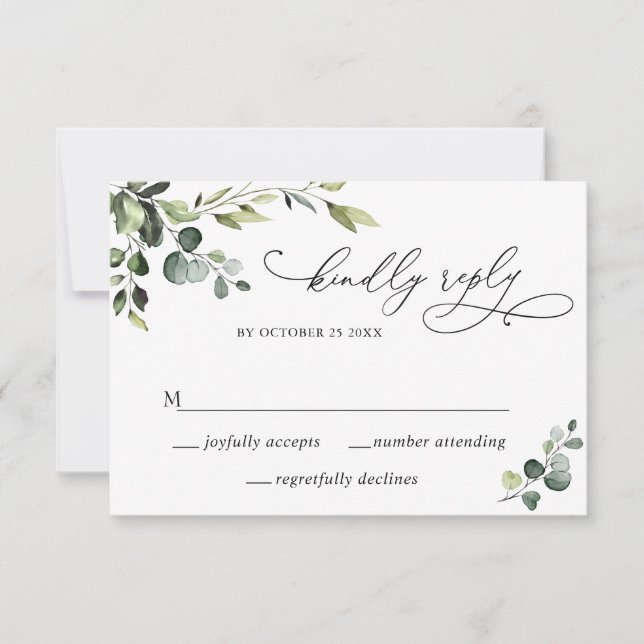 Cartão RSVP Casamento Floral Elegante Eucalyptus Watercolor (Frente)