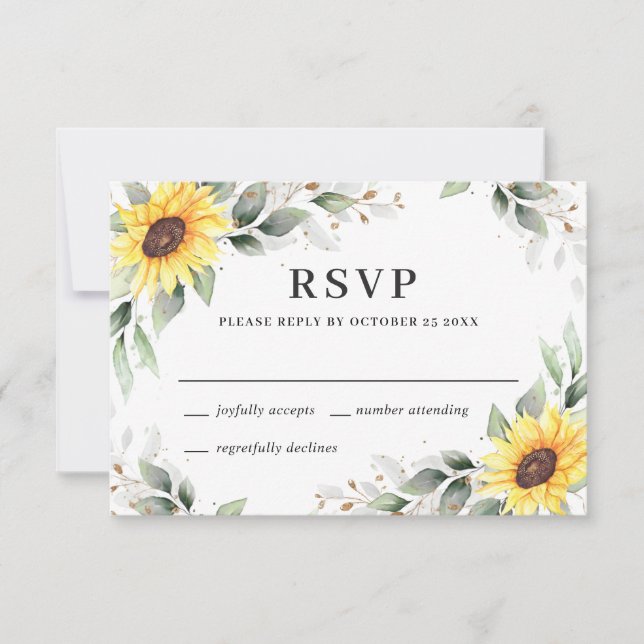 Cartão RSVP Casamento Floral Elegante Girassóis Verde (Frente)