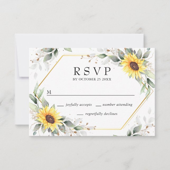 Cartão RSVP Casamento Floral Elegante Girassóis Verde (Frente)