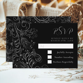 Cartão RSVP Casamento Floral Elegante Negra