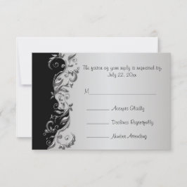 Cartão RSVP Casamento Floral Elegante Negro e Prata
