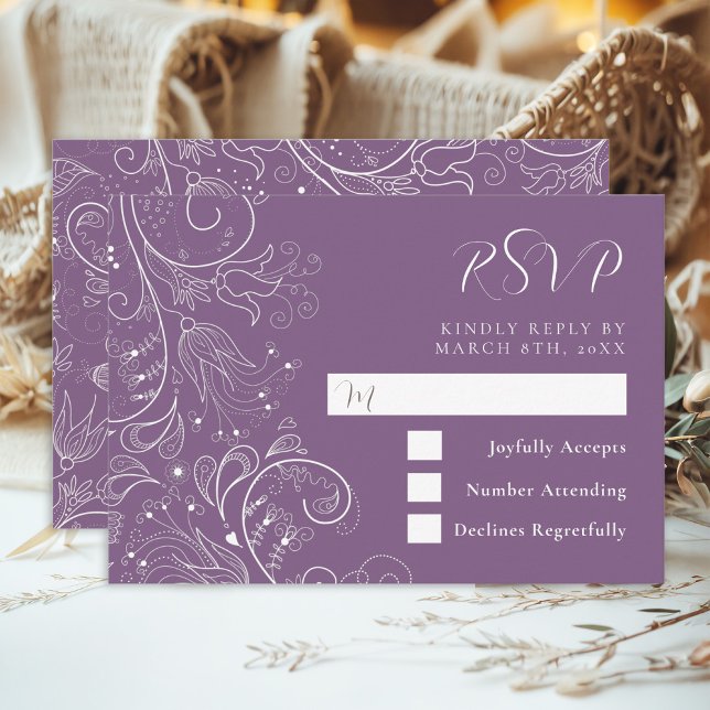 Cartão RSVP Casamento Floral Elegante Roxo Dusty (Criador carregado)