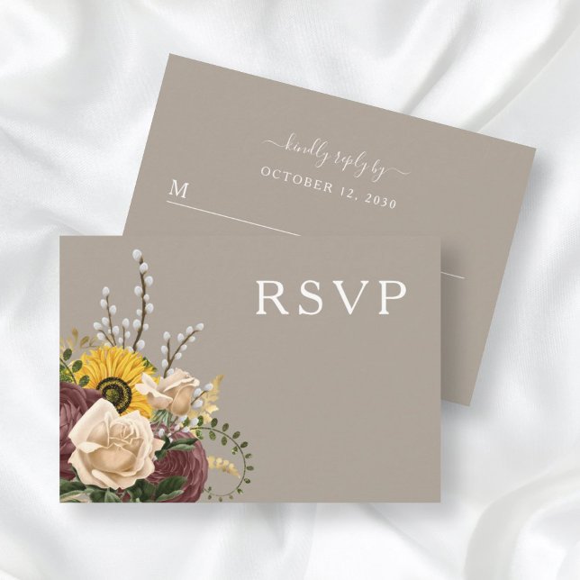 Cartão RSVP Casamento Floral Elegante Taupe (Criador carregado)