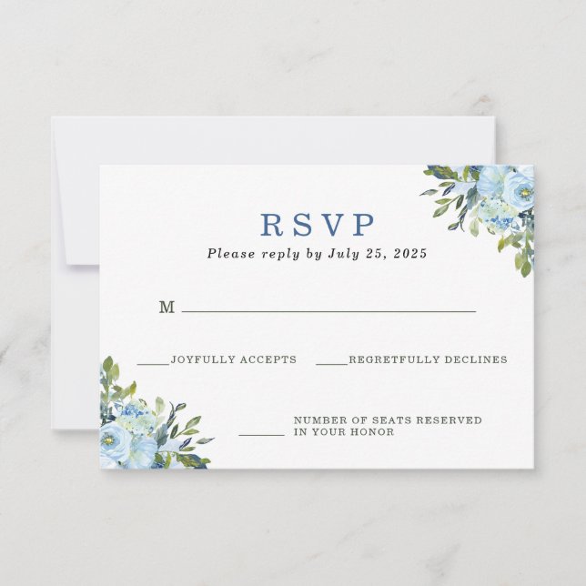 Cartão RSVP Casamento Floral em Aguarela Azul Claro e Azul Mar (Frente)