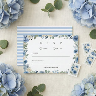 Cartão RSVP Casamento Floral em Aquarela Azul e Branco