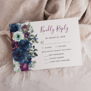 Cartão RSVP Casamento Floral em Aquarela Azul-Marinho Ameixa