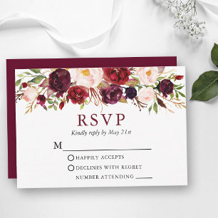 Cartão RSVP Casamento Floral em Aquarela Burgundy Elegante