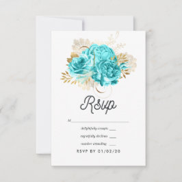 Cartão RSVP Casamento Floral em Azul Água e Dourado
