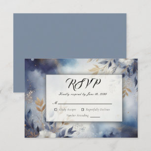 Cartão RSVP Casamento Floral em Azul Marinho e Dourado