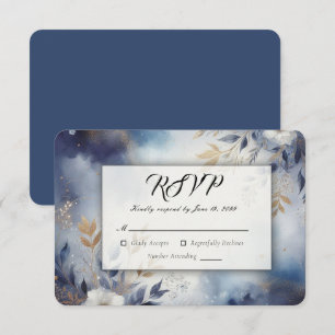 Cartão RSVP Casamento Floral em Azul Marinho e Dourado