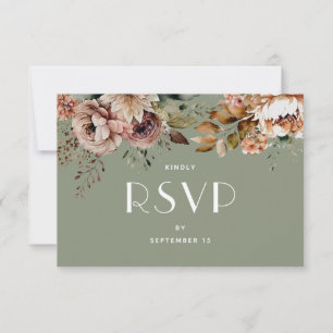 Cartão RSVP Casamento Floral em Verde Sage Poeirento Jardim