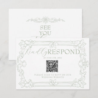 Cartão RSVP Casamento Floral em Verde Salvia Clássico Código Q