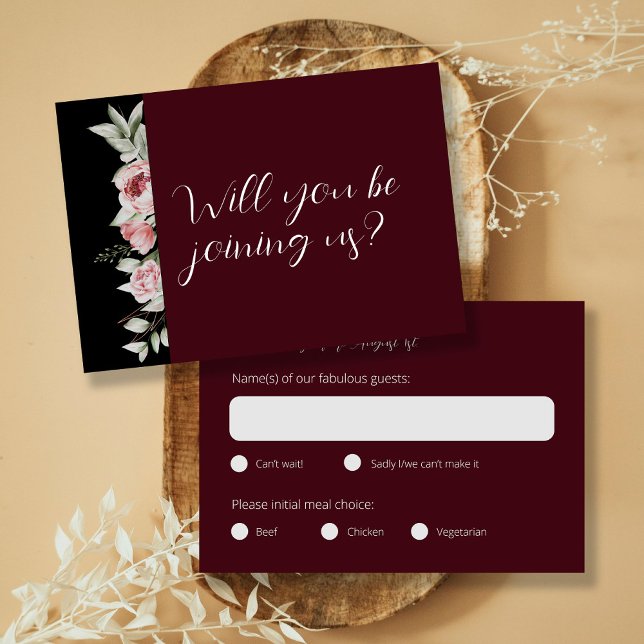 Cartão RSVP Casamento Floral Escuro Elegante Burgundy (Criador carregado)