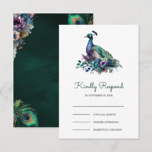 Cartão RSVP Casamento Floral Esmeralda Verde Pavão