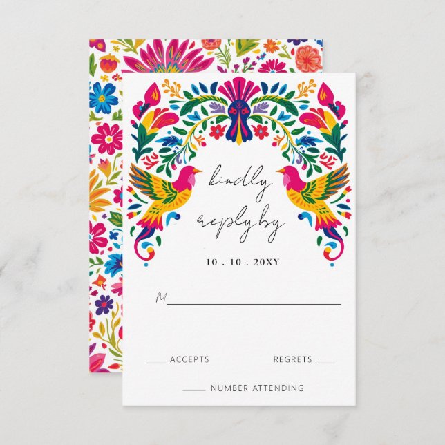 Cartão RSVP Casamento Floral Fiesta - Aves Otomi Mexicanas Vib (Frente/Verso)