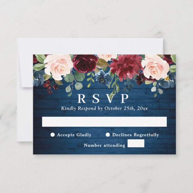 Cartão RSVP Casamento Floral Floral Marinho Azul Blush Waterco (Frente)