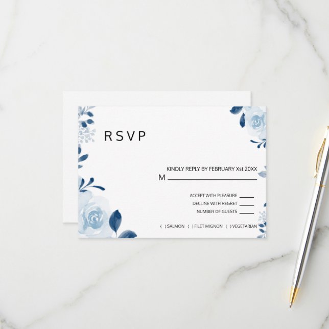 Cartão RSVP Casamento Floral Francês Azul Moderno (Frente/Verso In Situ)