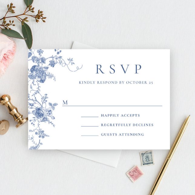 Cartão RSVP Casamento Floral Francês Azul Vitoriano Elegante (Criador carregado)