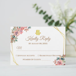 Cartão RSVP Casamento floral geométrico de ouro branco Casamen