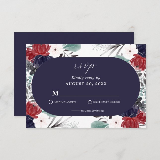 Cartão RSVP Casamento Floral Gótico Vermelho marinho Azul Borg (Frente/Verso)