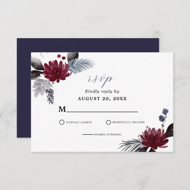 Cartão RSVP Casamento Floral Gótico Vermelho marinho Azul Borg (Frente/Verso)