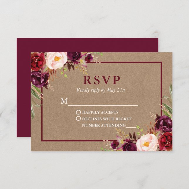 Cartão RSVP Casamento Floral Kraft Moderno Elegante Burgundy (Frente/Verso)