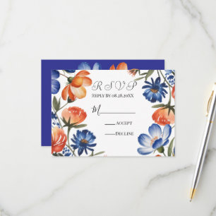 Cartão RSVP Casamento Floral Laranja e Azul Cobalto