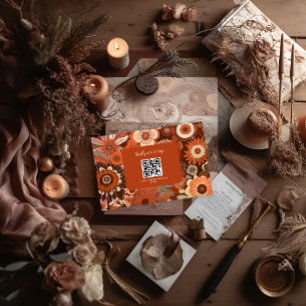 Cartão RSVP Casamento floral laranja queimado retrô groovy