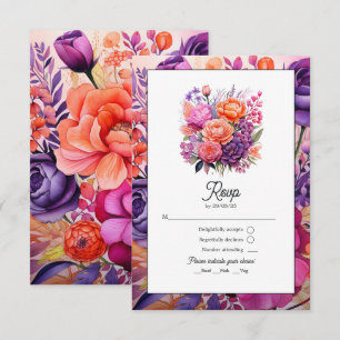 Cartão RSVP Casamento Floral Laranja, Rosa Quente e Roxo Real