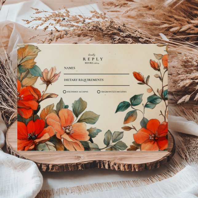Cartão RSVP Casamento Floral Laranja Rústico (Criador carregado)