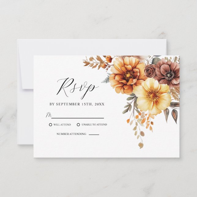 Cartão RSVP Casamento Floral Laranja-Terracotta Queimado Elega (Frente)