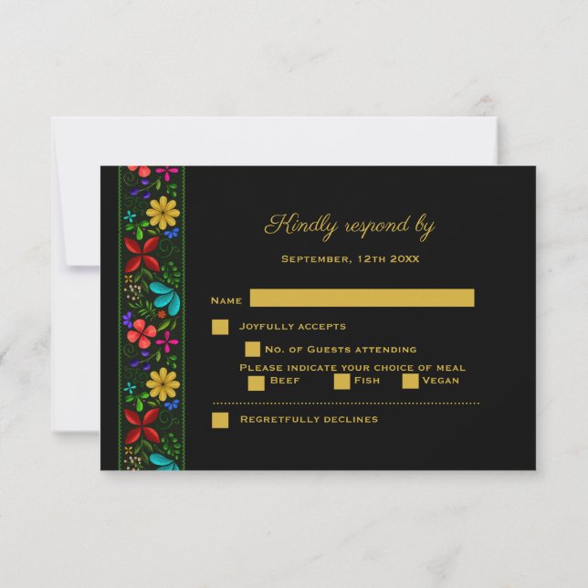 Cartão RSVP Casamento Floral Latino-Americano Dourado Elegante (Verso)